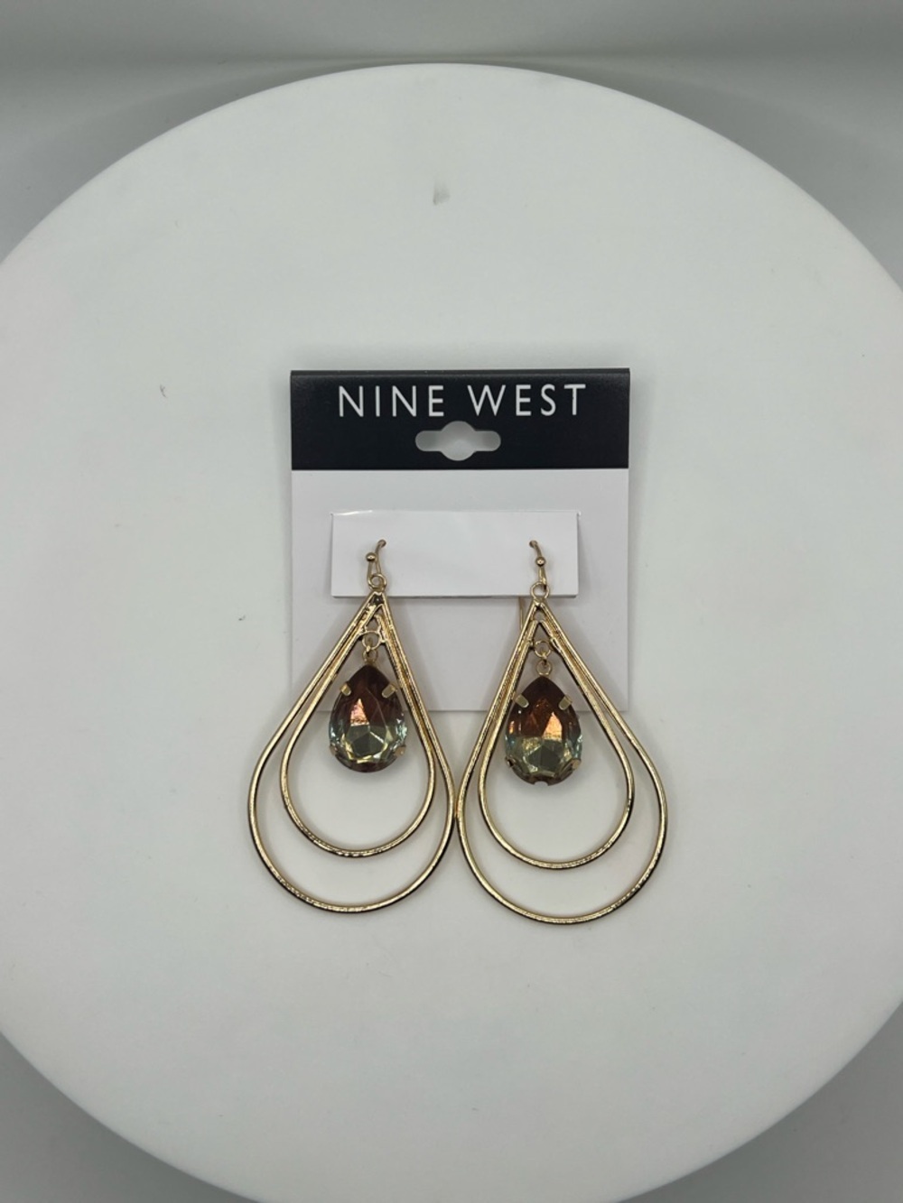Nine West Gold Double Teardrop Earrings with Iridescent Crystal